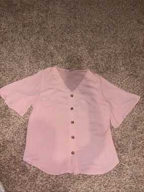 Women's Light Pink V-Neck Button Blouse with Short Sleeves